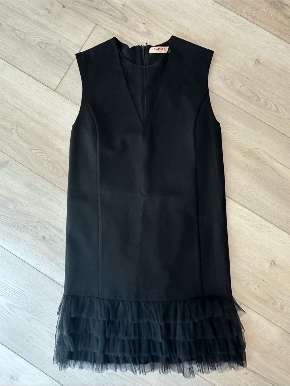 Twinset Milano Black Sheath Dress Mesh Tulle Hem Cocktail Party Size 44